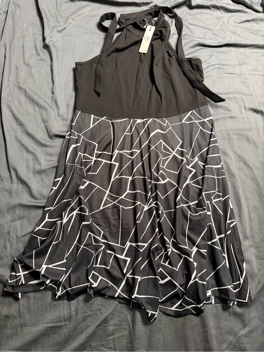 Chic Halter Black & White Geometric Skater Dress